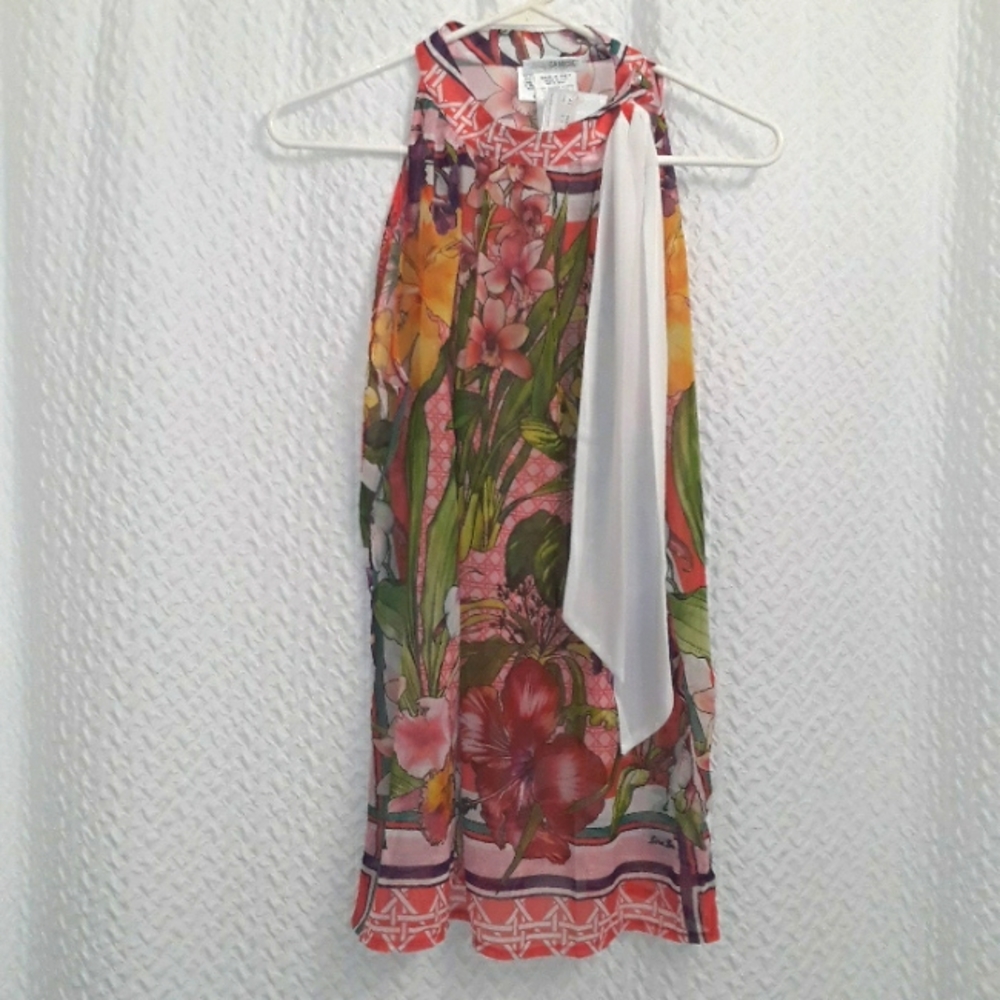 Nara Camicie Pink Vibrant Floral Opaque Tunic Sleeveless Top Small Made in Italy